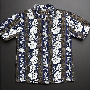 Aloha Republic Vintage Hawaiian Floral Navy Gold Button Down Shirt Men's Size L